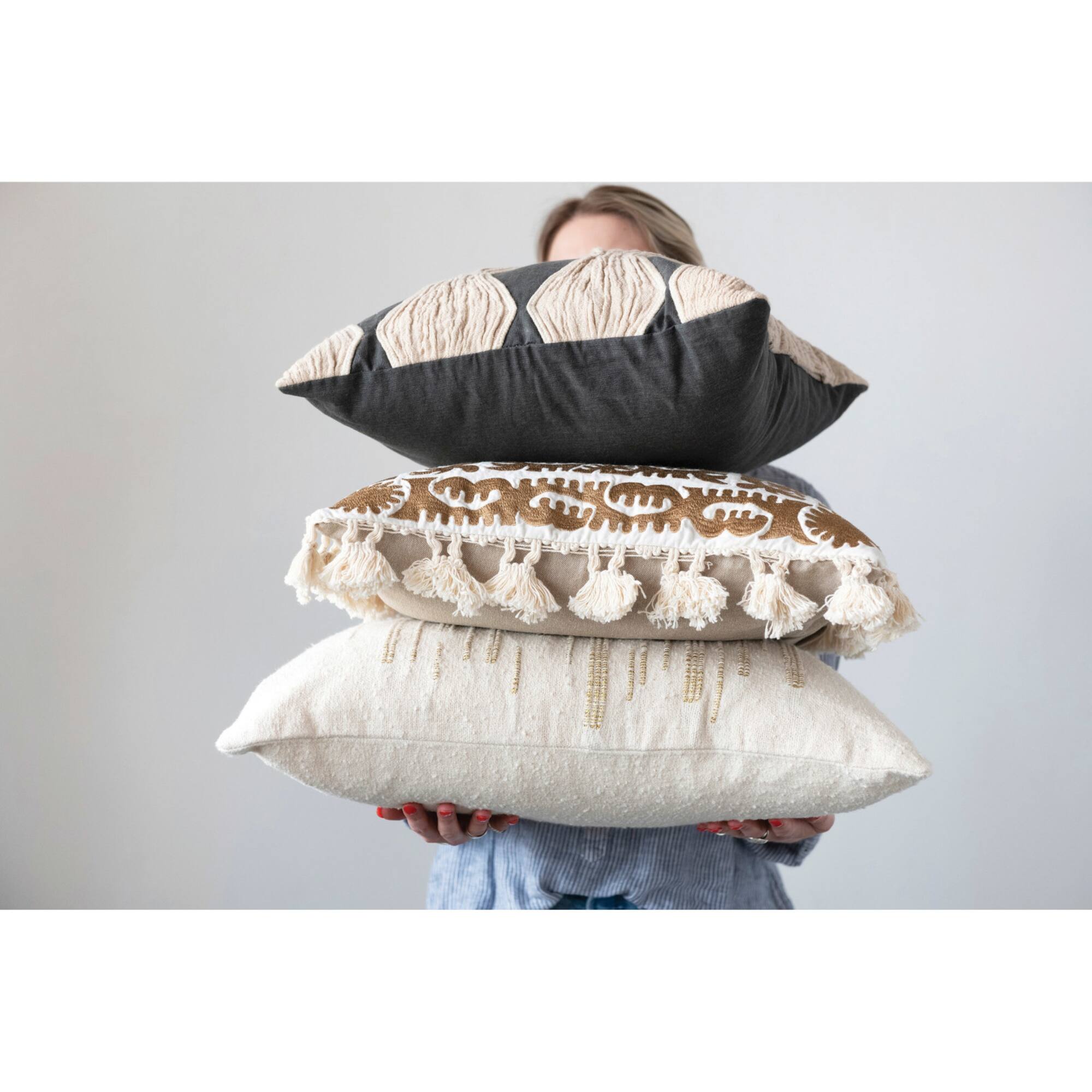 Hello Honey® Cream Cotton Slub Lumbar Pillow with Gold Embroidery